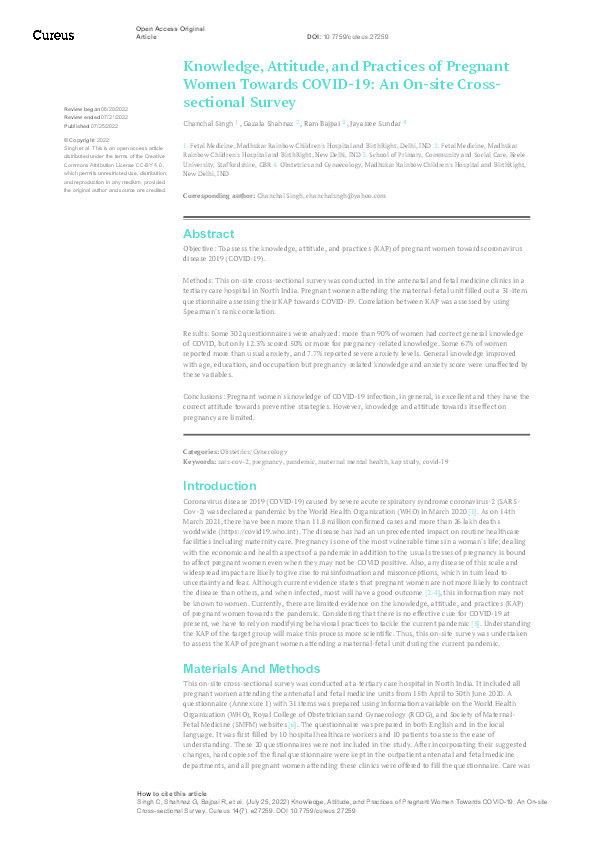 Knowledge, Attitude, and Practices of Pregnant Women Towards COVID-19: An On-site Cross-sectional Survey Thumbnail