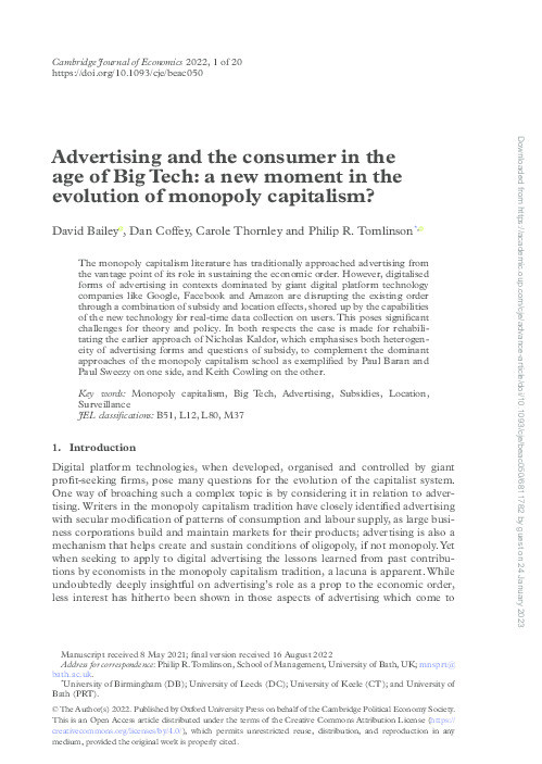 Advertising and the consumer in the age of Big Tech: a new moment in the evolution of monopoly capitalism? Thumbnail