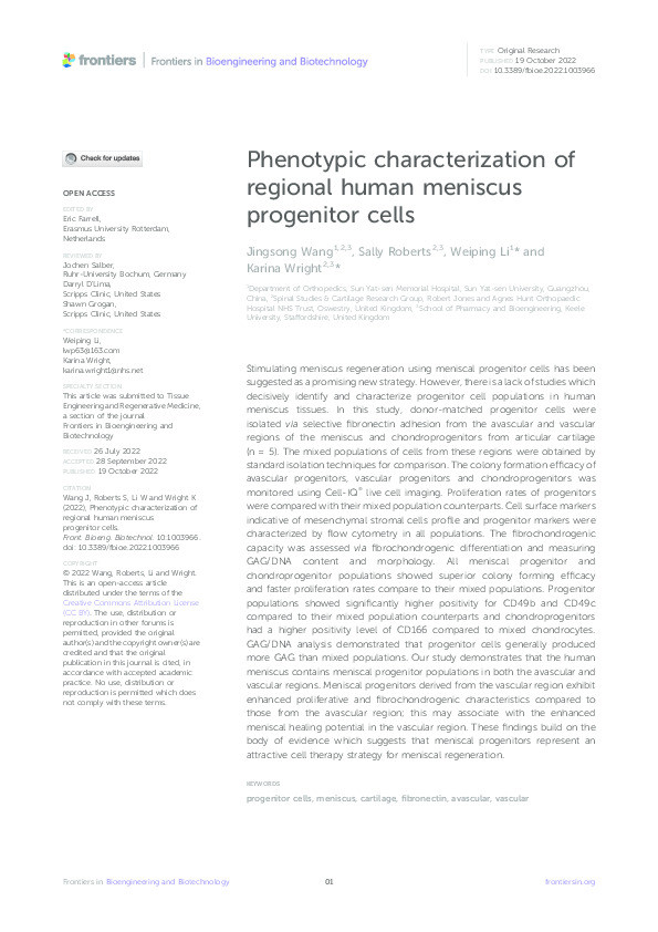 Phenotypic characterization of regional human meniscus progenitor cells. Thumbnail