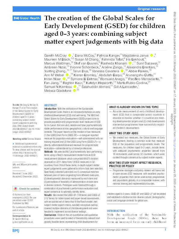The creation of the Global Scales for Early Development (GSED) for children aged 0-3 years: combining subject matter expert judgements with big data. Thumbnail