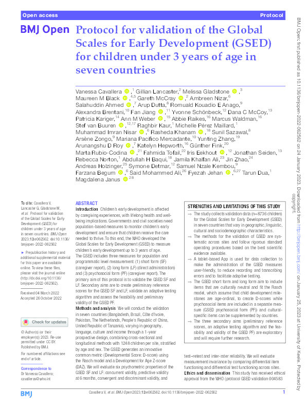 Protocol for validation of the Global Scales for Early Development (GSED) for children under 3 years of age in seven countries Thumbnail