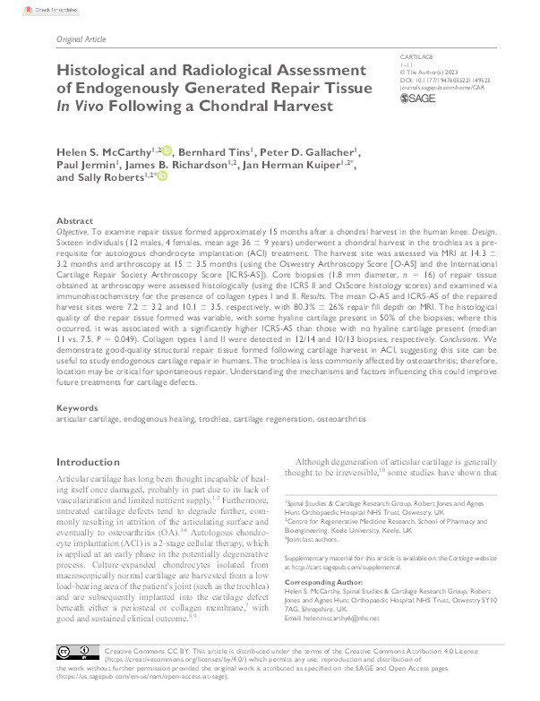 Histological and Radiological Assessment of Endogenously Generated Repair Tissue In Vivo Following a Chondral Harvest. Thumbnail