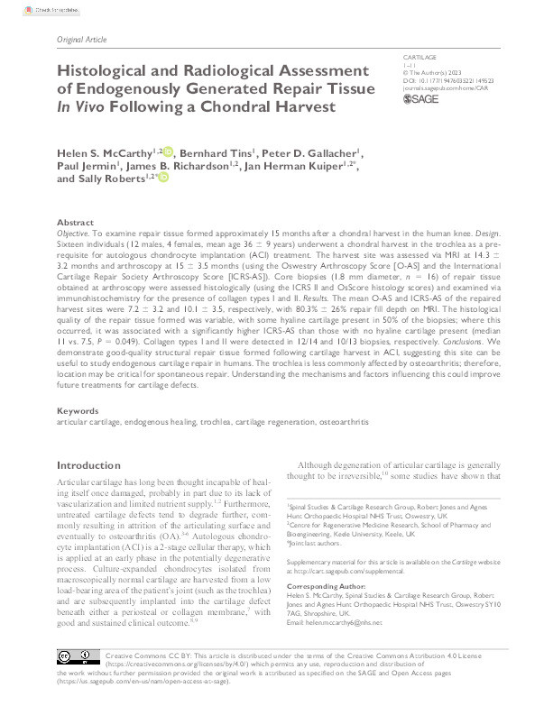 Histological and Radiological Assessment of Endogenously Generated Repair Tissue In Vivo Following a Chondral Harvest Thumbnail