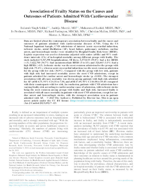 Association of Frailty Status on the Causes and Outcomes of Patients Admitted With Cardiovascular Disease. Thumbnail