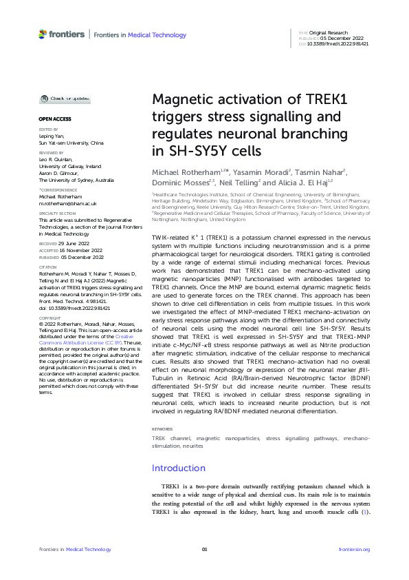 Magnetic activation of TREK1 triggers stress signalling and regulates neuronal branching in SH-SY5Y cells. Thumbnail
