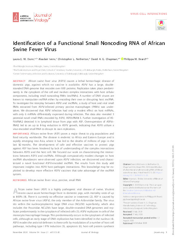 Identification of a Functional Small Noncoding RNA of African Swine Fever Virus Thumbnail