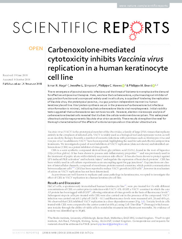 Carbenoxolone-mediated cytotoxicity inhibits Vaccinia virus replication in a human keratinocyte cell line Thumbnail