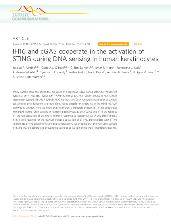 IFI16 and cGAS cooperate in the activation of STING during DNA sensing in human keratinocytes Thumbnail