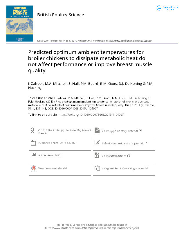 Predicted optimum ambient temperatures for broiler chickens to dissipate metabolic heat do not affect performance or improve breast muscle quality Thumbnail