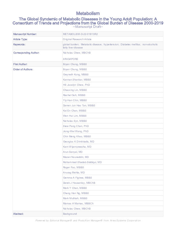 The global syndemic of metabolic diseases in the young adult population: A consortium of trends and projections from the Global Burden of Disease 2000–2019 Thumbnail