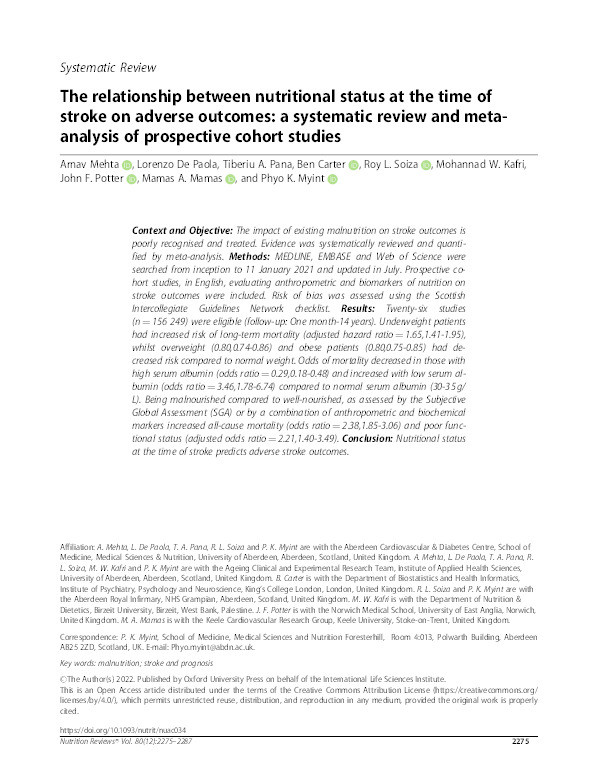 The relationship between nutritional status at the time of stroke on adverse outcomes: a systematic review and meta-analysis of prospective cohort studies. Thumbnail