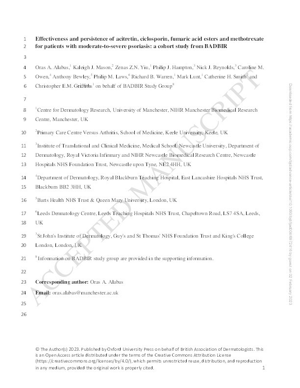 Effectiveness and persistence of acitretin, ciclosporin, fumaric acid esters and methotrexate for patients with moderate-to-severe psoriasis: a cohort study from BADBIR Thumbnail