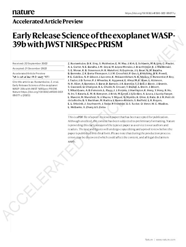 Early Release Science of the exoplanet WASP-39b with JWST NIRSpec PRISM Thumbnail