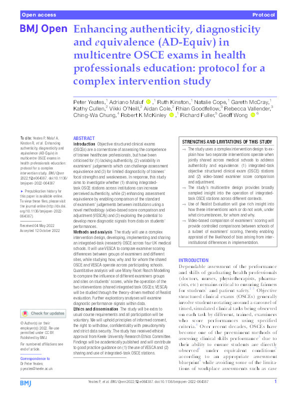 Enhancing authenticity, diagnosticity and equivalence (AD-Equiv) in multicentre OSCE exams in health professionals education: protocol for a complex intervention study. Thumbnail