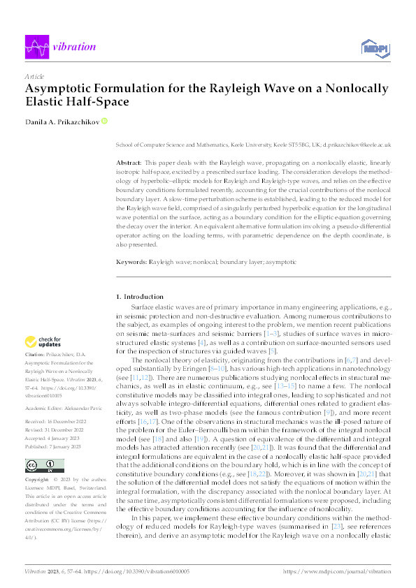 Asymptotic Formulation for the Rayleigh Wave on a Nonlocally Elastic Half-Space Thumbnail