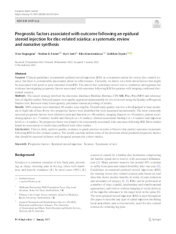 Prognostic factors associated with outcome following an epidural steroid injection for disc-related sciatica: a systematic review and narrative synthesis. Thumbnail
