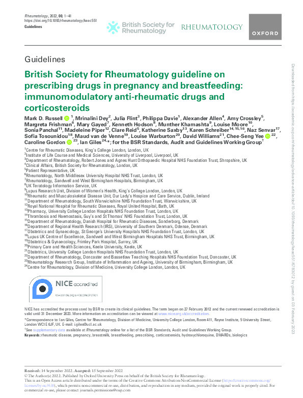 British Society for Rheumatology guideline on prescribing drugs in pregnancy and breastfeeding: immunomodulatory anti-rheumatic drugs and corticosteroids Thumbnail
