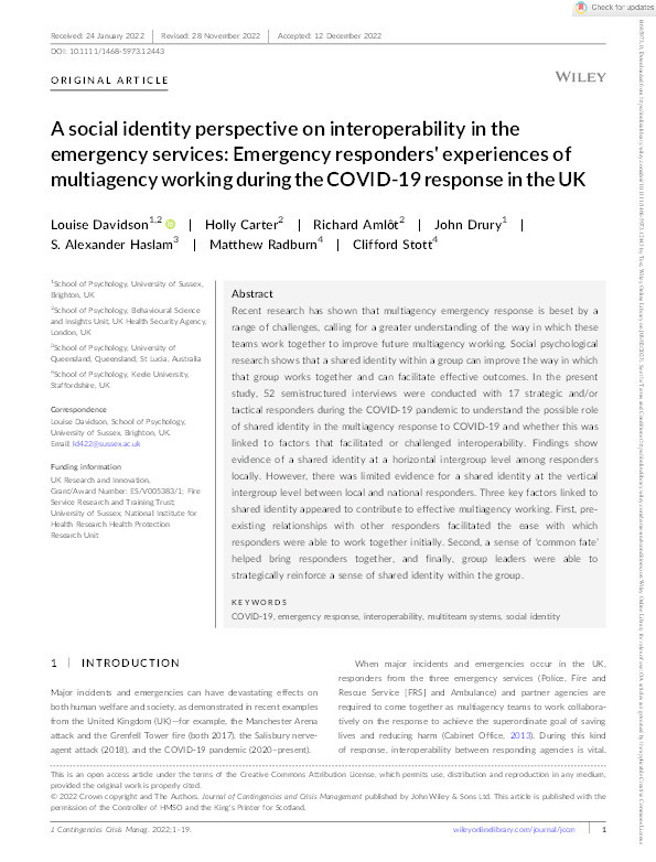 A social identity perspective on interoperability in the emergency services: Emergency responders' experiences of multiagency working during the COVID‐19 response in the UK Thumbnail