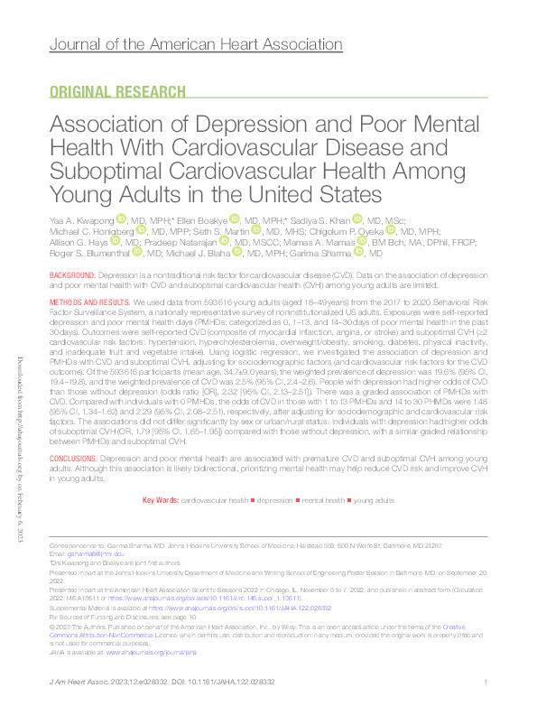 Association of Depression and Poor Mental Health With Cardiovascular Disease and Suboptimal Cardiovascular Health Among Young Adults in the United States. Thumbnail