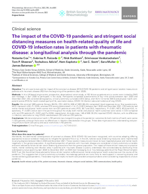 The impact of the COVID-19 pandemic and stringent social distancing measures on health-related quality of life and COVID-19 infection rates in patients with rheumatic disease: a longitudinal analysis through the pandemic Thumbnail