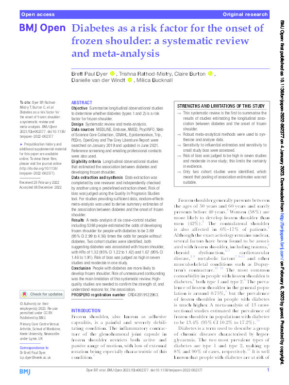 Diabetes as a risk factor for the onset of frozen shoulder: a systematic review and meta-analysis Thumbnail