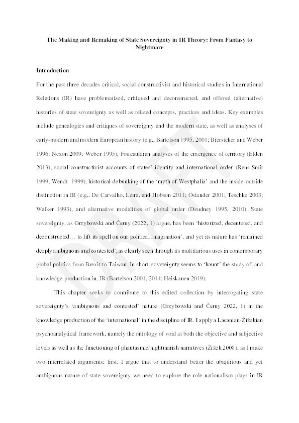 The Making and Remaking of State Sovereignty in IR Theory: From Fantasy to Nightmare Thumbnail