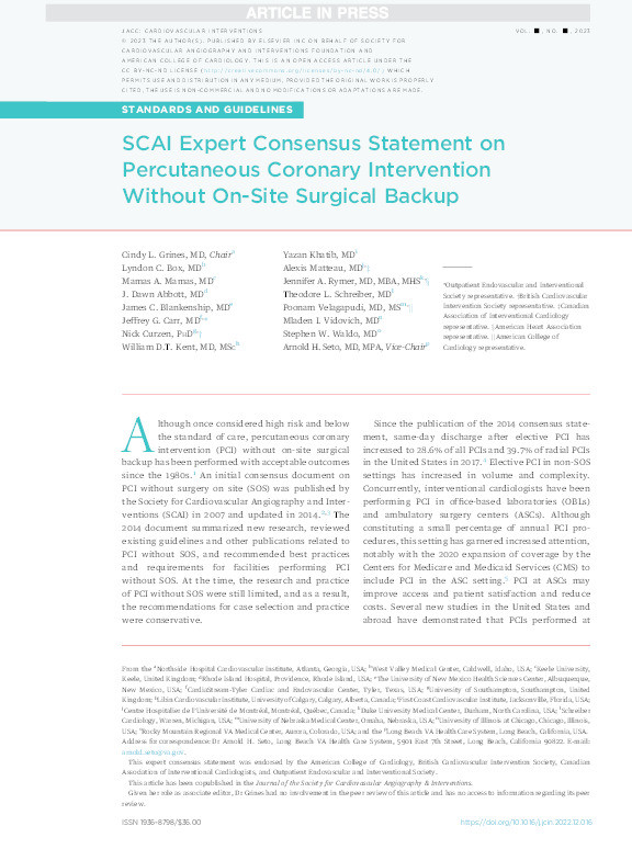 SCAI Expert Consensus Statement on Percutaneous Coronary Intervention Without On-Site Surgical Backup Thumbnail