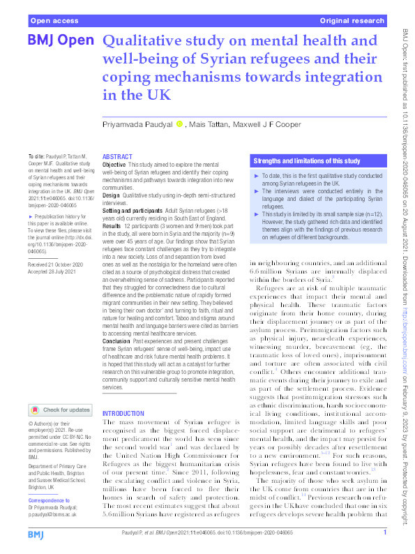 Qualitative study on mental health and well-being of Syrian refugees and their coping mechanisms towards integration in the UK Thumbnail