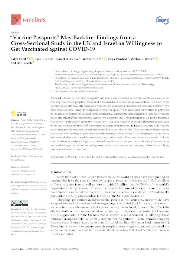 “Vaccine Passports” May Backfire: Findings from a Cross-Sectional Study in the UK and Israel on Willingness to Get Vaccinated against COVID-19 Thumbnail