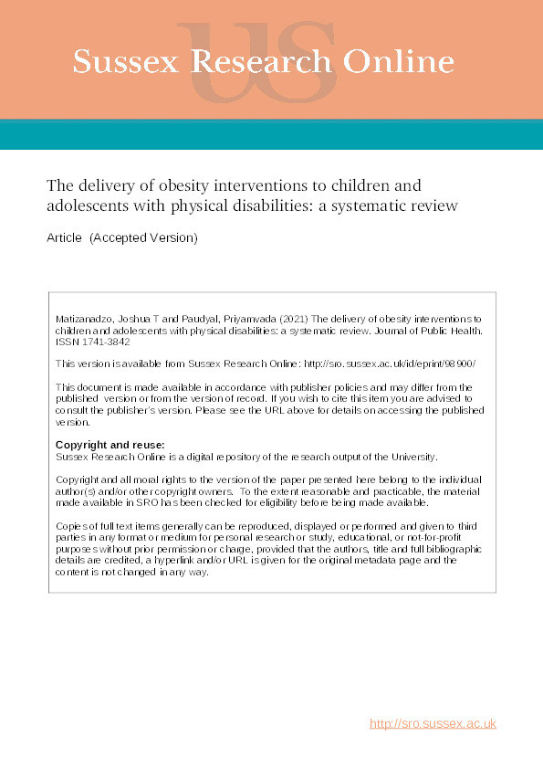 The delivery of obesity interventions to children and adolescents with physical disabilities: a systematic review Thumbnail
