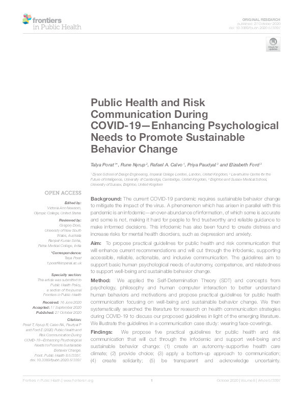 Public Health and Risk Communication During COVID-19—Enhancing Psychological Needs to Promote Sustainable Behavior Change Thumbnail