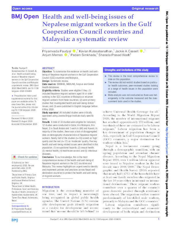 Health and well-being issues of Nepalese migrant workers in the Gulf Cooperation Council countries and Malaysia: a systematic review Thumbnail