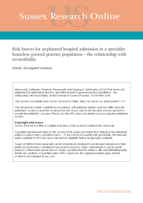 Risk factors for unplanned hospital admission in a specialist homeless general practice population: case–control study to investigate the relationship with tri-morbidity Thumbnail