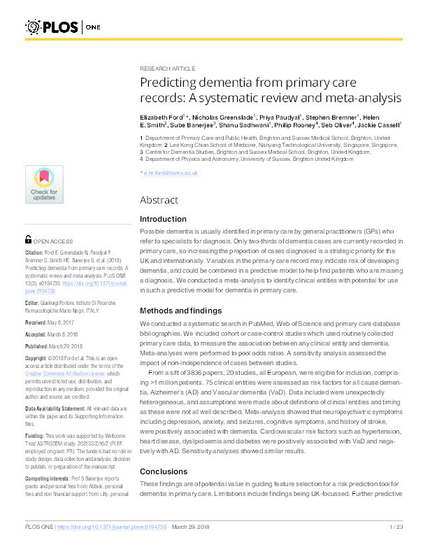 Predicting dementia from primary care records: A systematic review and meta-analysis Thumbnail