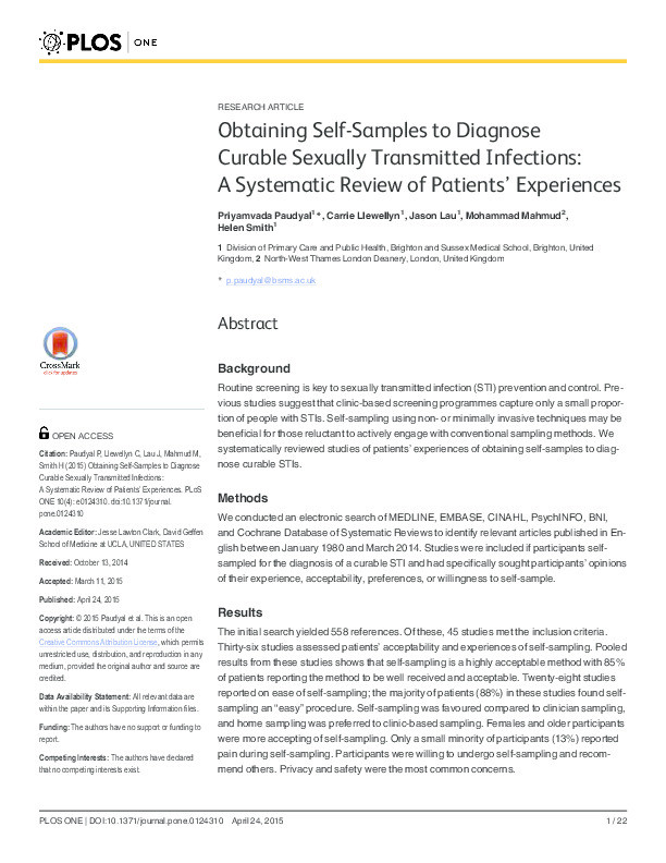Obtaining Self-Samples to Diagnose Curable Sexually Transmitted Infections: A Systematic Review of Patients’ Experiences Thumbnail