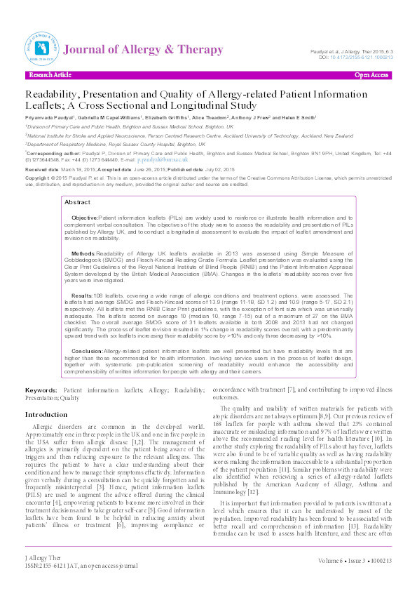 Readability, Presentation and Quality of Allergy-related Patient Information Leaflets; A Cross Sectional and Longitudinal Study Thumbnail
