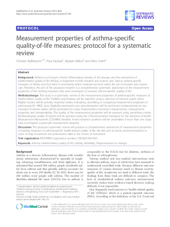Measurement properties of asthma-specific quality-of-life measures: protocol for a systematic review Thumbnail