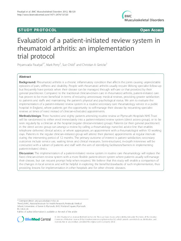 Evaluation of a patient-initiated review system in rheumatoid arthritis: an implementation trial protocol Thumbnail