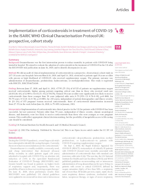 Implementation of corticosteroids in treatment of COVID-19 in the ISARIC WHO Clinical Characterisation Protocol UK: prospective, cohort study Thumbnail