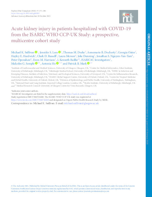 Acute kidney injury in patients hospitalized with COVID-19 from the ISARIC WHO CCP-UK Study: a prospective, multicentre cohort study Thumbnail