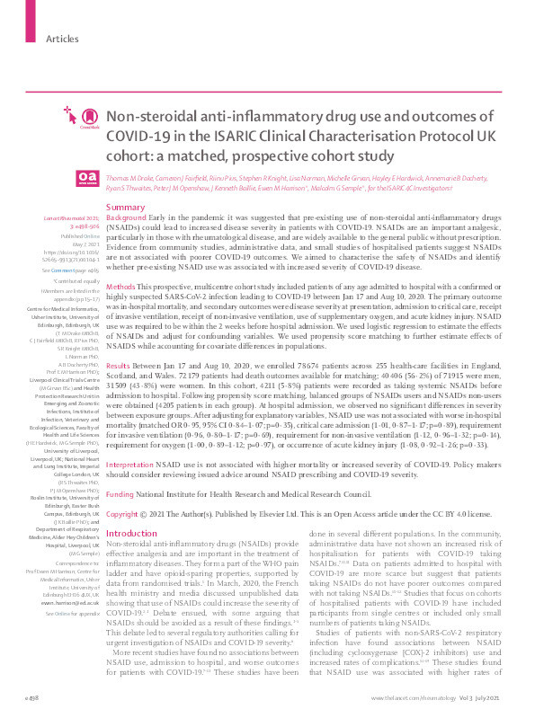 Non-steroidal anti-inflammatory drug use and outcomes of COVID-19 in the ISARIC Clinical Characterisation Protocol UK cohort: a matched, prospective cohort study Thumbnail