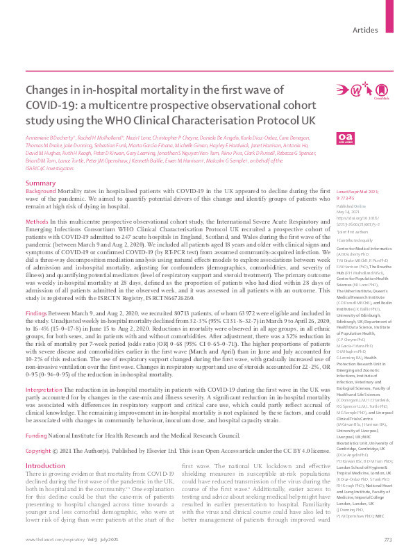 Changes in in-hospital mortality in the first wave of COVID-19: a multicentre prospective observational cohort study using the WHO Clinical Characterisation Protocol UK Thumbnail