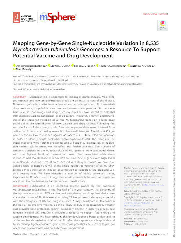 Mapping Gene-by-Gene Single-Nucleotide Variation in 8,535 Mycobacterium tuberculosis Genomes: a Resource To Support Potential Vaccine and Drug Development Thumbnail