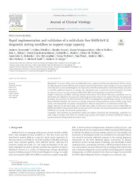 Rapid implementation and validation of a cold-chain free SARS-CoV-2 diagnostic testing workflow to support surge capacity Thumbnail