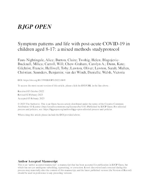 Symptom patterns and life with post-acute COVID-19 in children aged 8-17: a mixed methods studyprotocol. Thumbnail