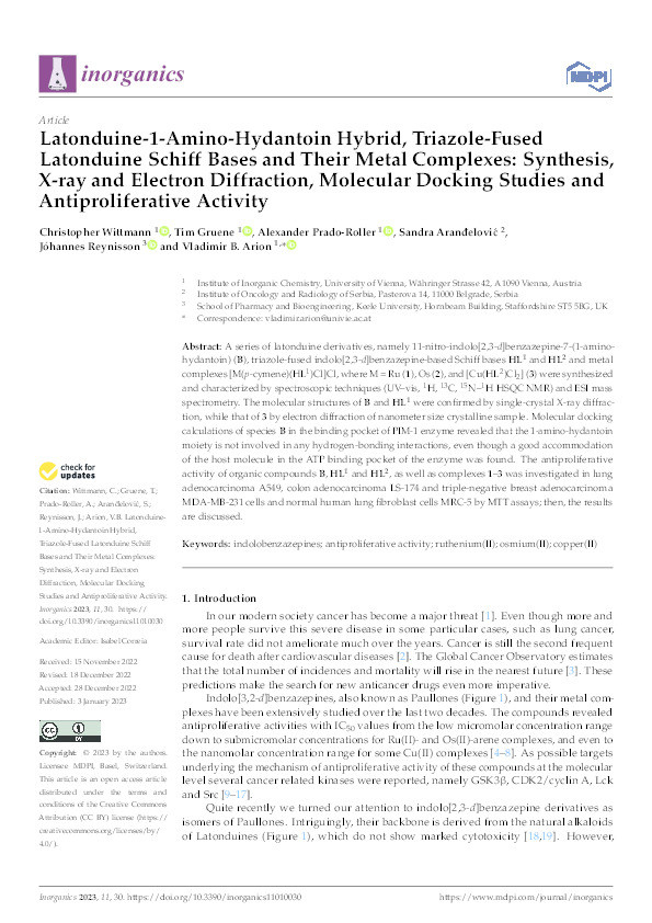 Latonduine-1-Amino-Hydantoin Hybrid, Triazole-Fused Latonduine Schiff Bases and Their Metal Complexes: Synthesis, X-ray and Electron Diffraction, Molecular Docking Studies and Antiproliferative Activity Thumbnail