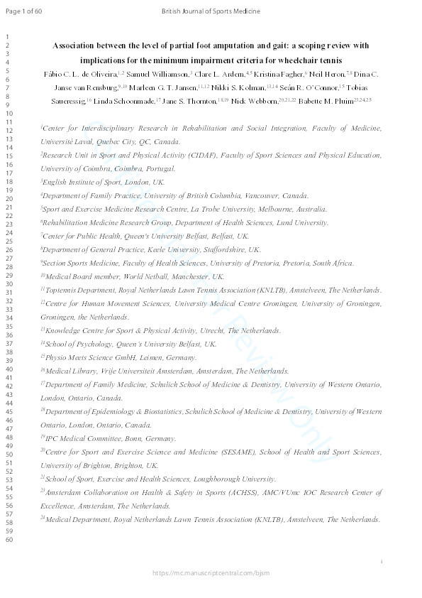 Association between the level of partial foot amputation and gait: a scoping review with implications for the minimum impairment criteria for wheelchair tennis. Thumbnail