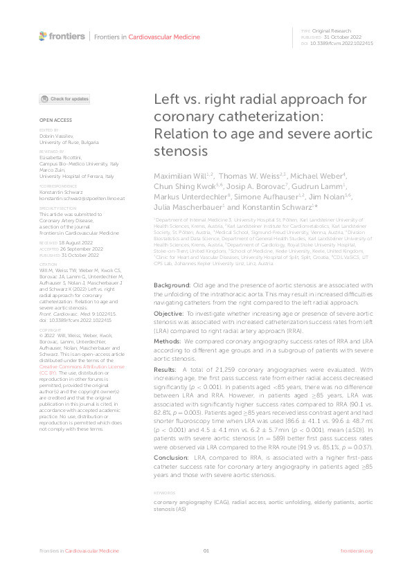 Left vs. right radial approach for coronary catheterization: Relation to age and severe aortic stenosis. Thumbnail