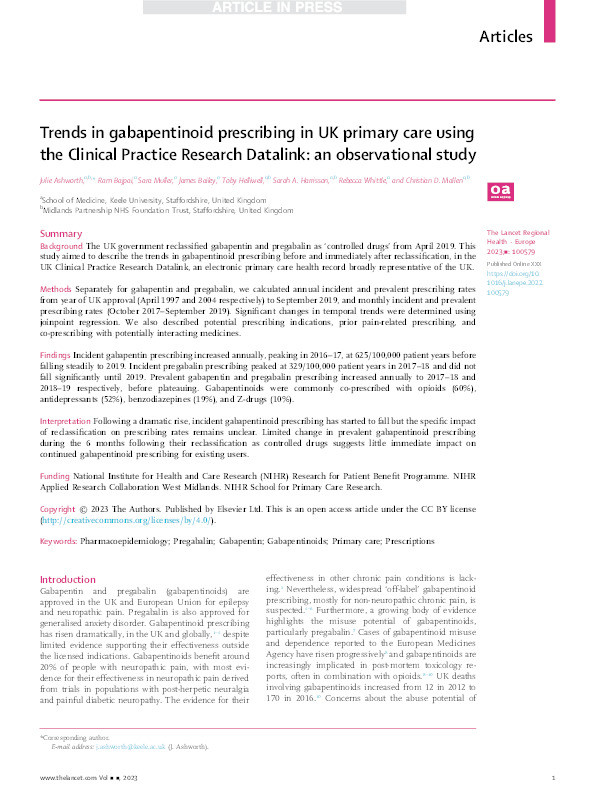 Trends in gabapentinoid prescribing in UK primary care using the Clinical Practice Research Datalink: an observational study Thumbnail