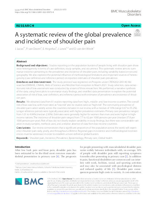 A systematic review of the global prevalence and incidence of shoulder pain Thumbnail